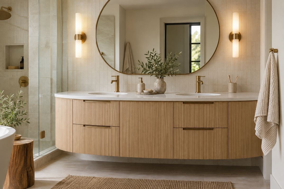A bathroom vanity with a gently rounded pale timber front, white countertop, oval mirror and simple cream tile.