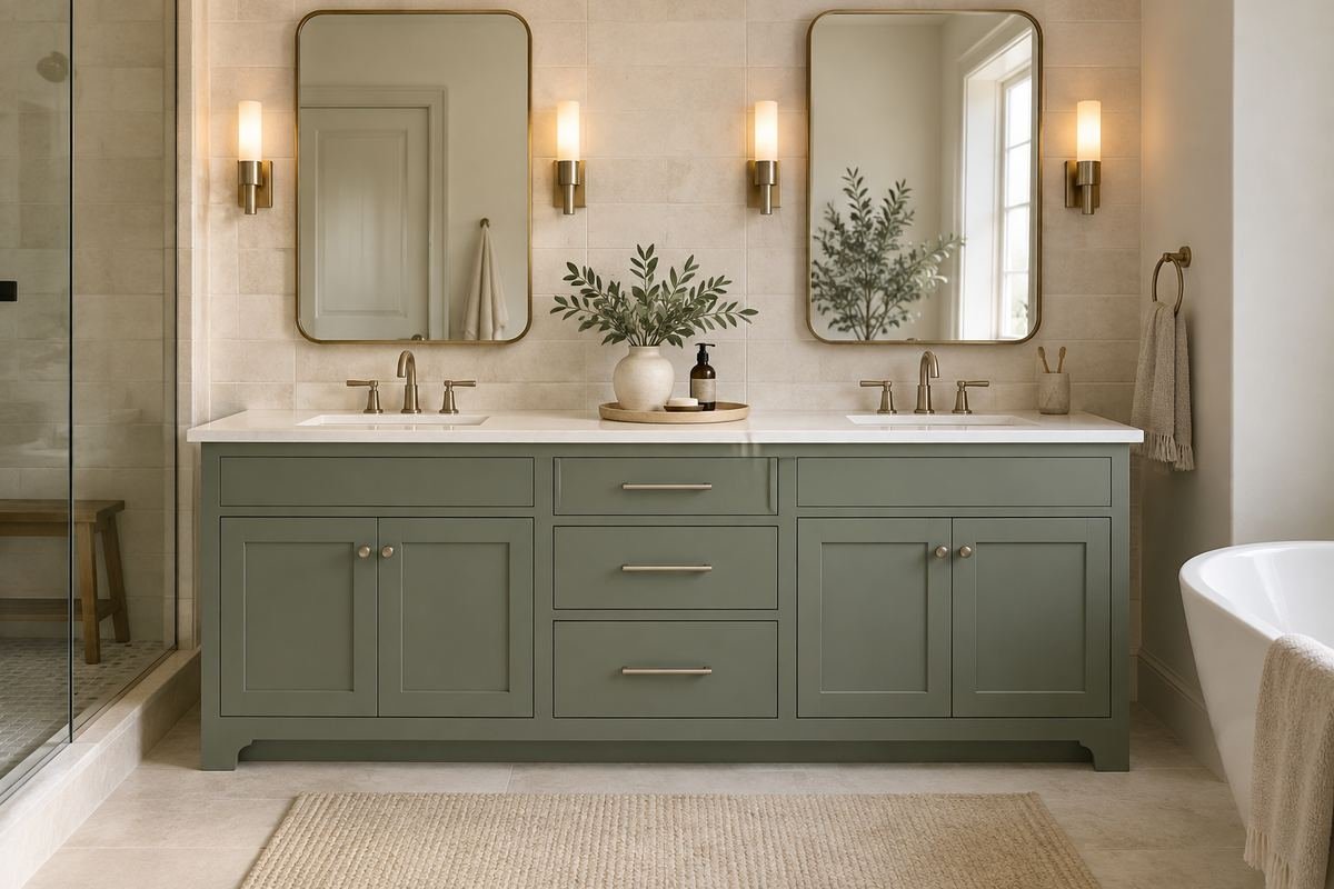 A muted sage green bathroom vanity against pale cream tile, white basin top, simple metal handles and minimal counter objects.