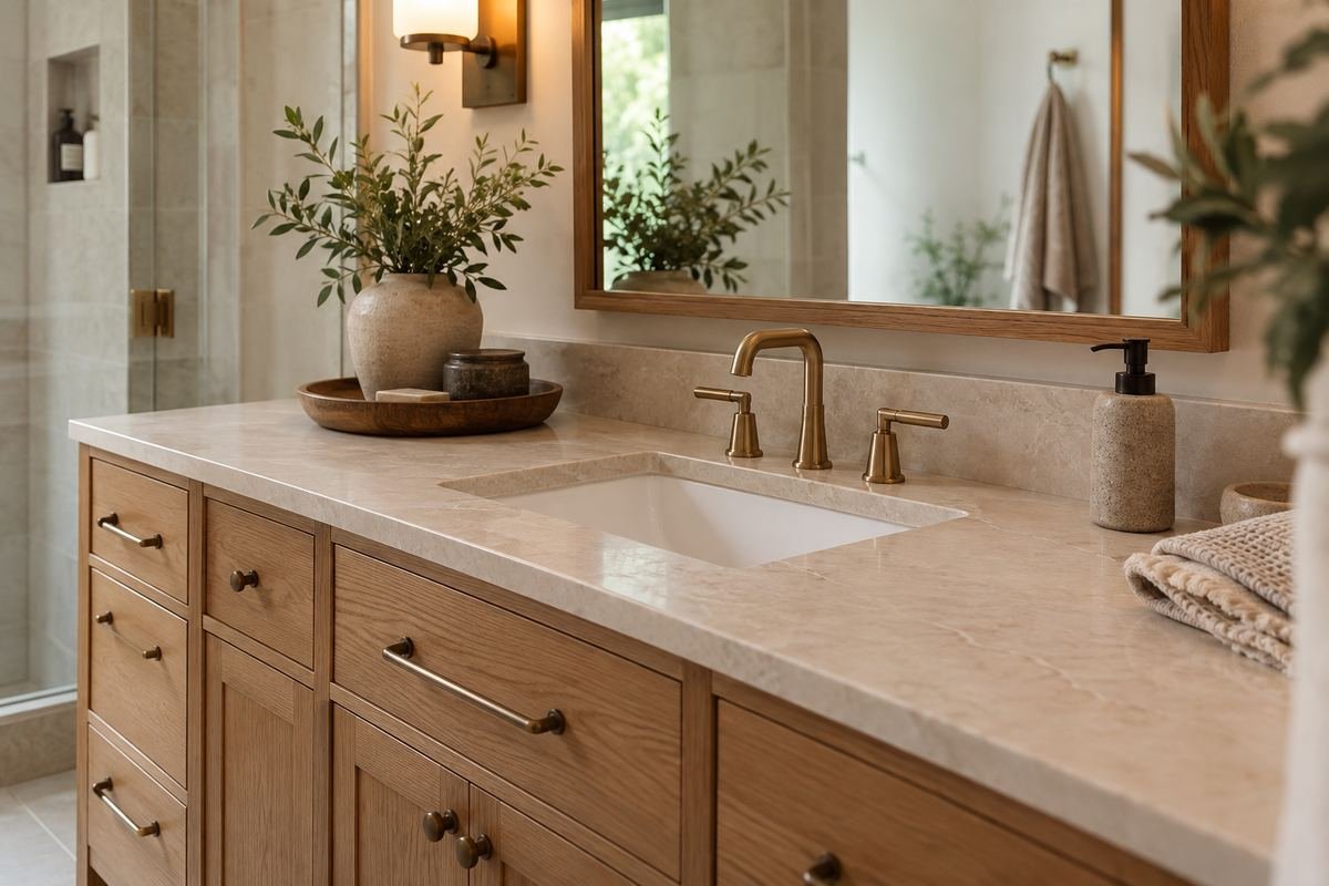 An oak vanity with a pale stone counter and a neatly fitted rectangular undermount basin, close editorial view.