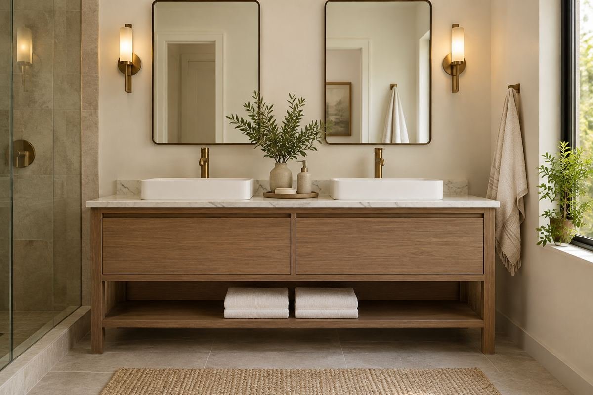 A bathroom vanity with closed upper drawers and one dry lower shelf holding two folded white towels, uncluttered floor below.
