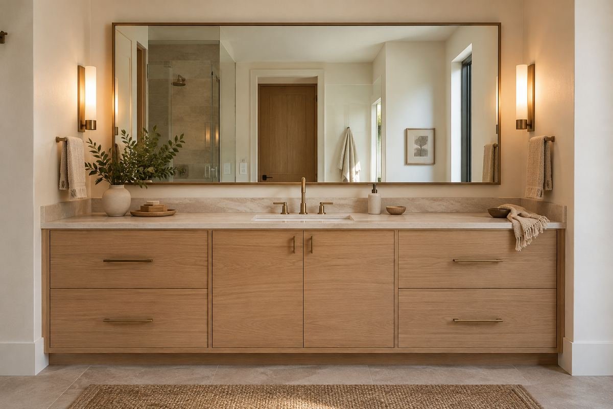 A bathroom alcove containing a neatly fitted wall-to-wall pale oak vanity with one basin and a broad mirror.