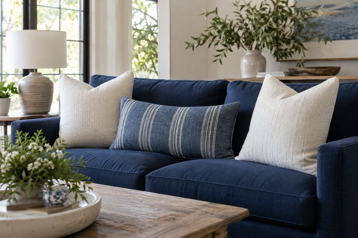 A navy sofa with large ivory pillows and a denim blue striped lumbar, calm bright living room.