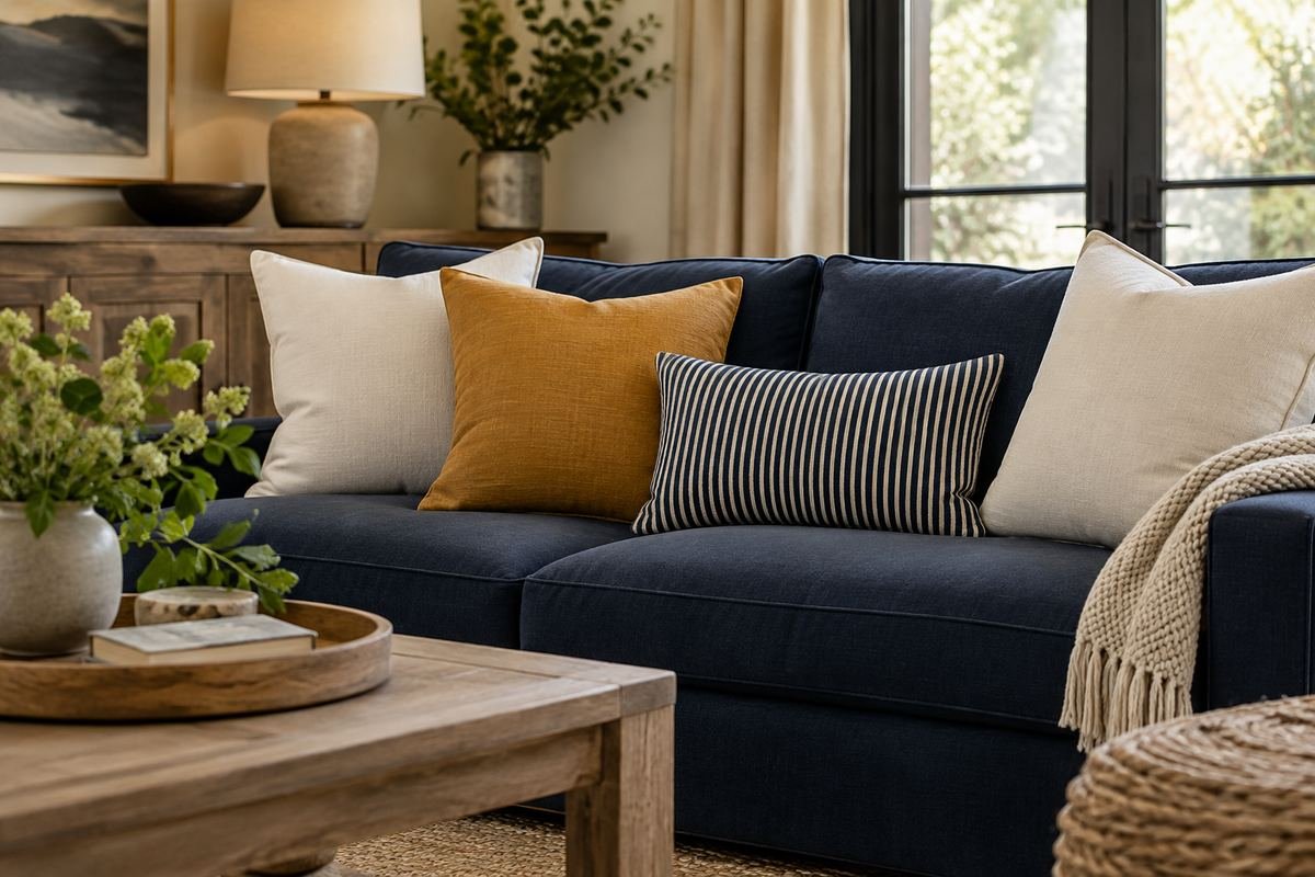 A navy sofa with ivory square cushions, a muted ochre cushion and a small navy ivory striped pillow.