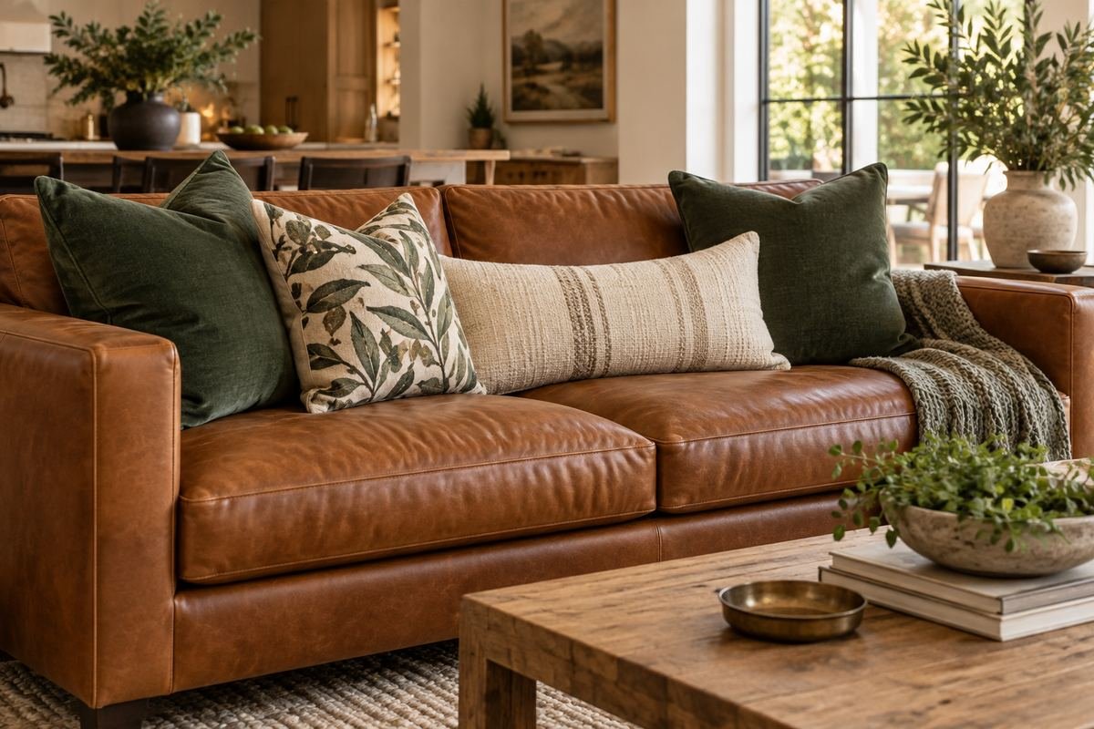 A cognac leather sofa with deep forest green pillows and a warm ivory lumbar, oak and cream room.
