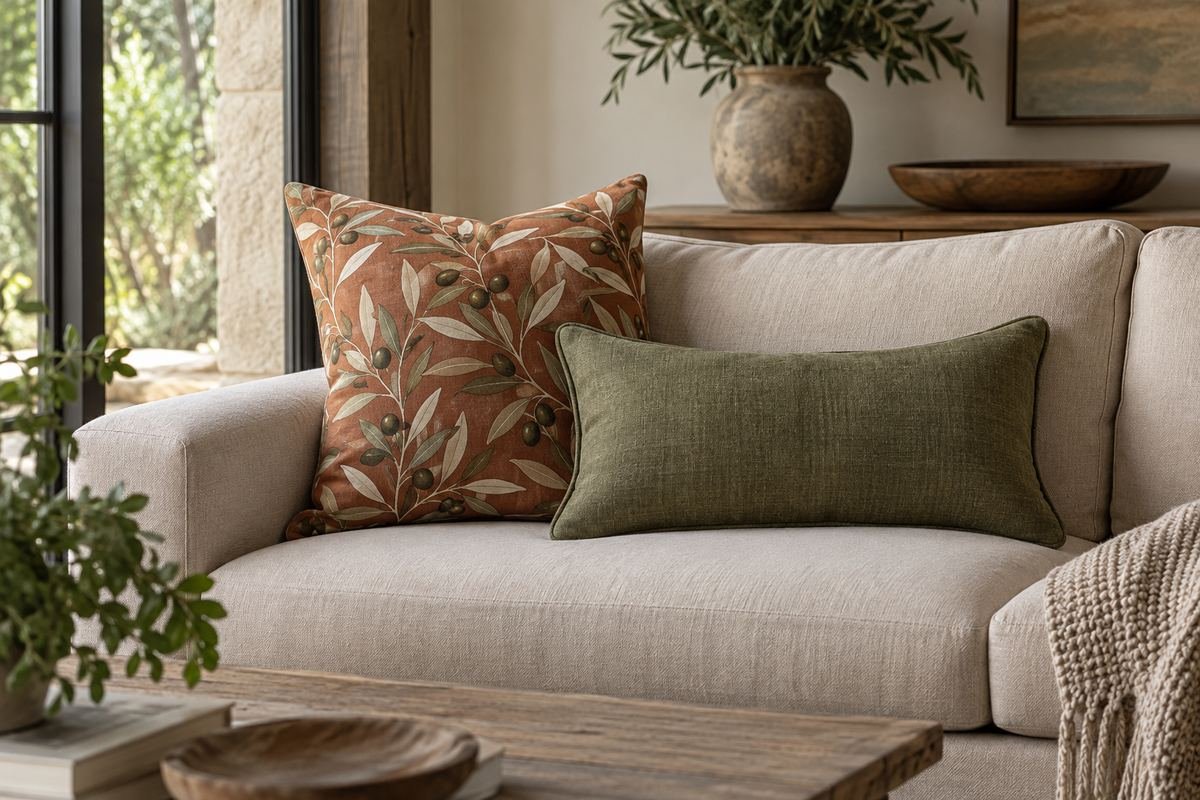 A beige sofa with one original terracotta olive botanical square pillow and a simple olive lumbar, restful room.