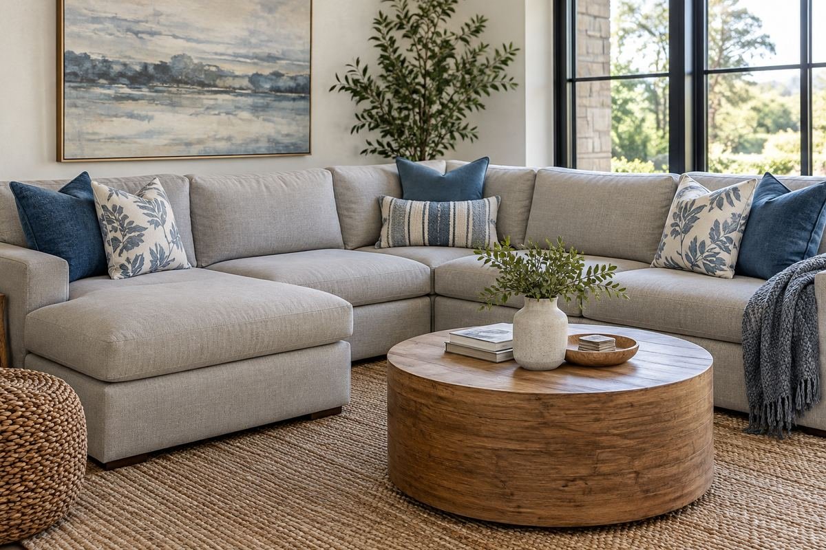 An L-shaped light gray sectional with blue accents repeated at its ends and corner, chaise seat left clear.