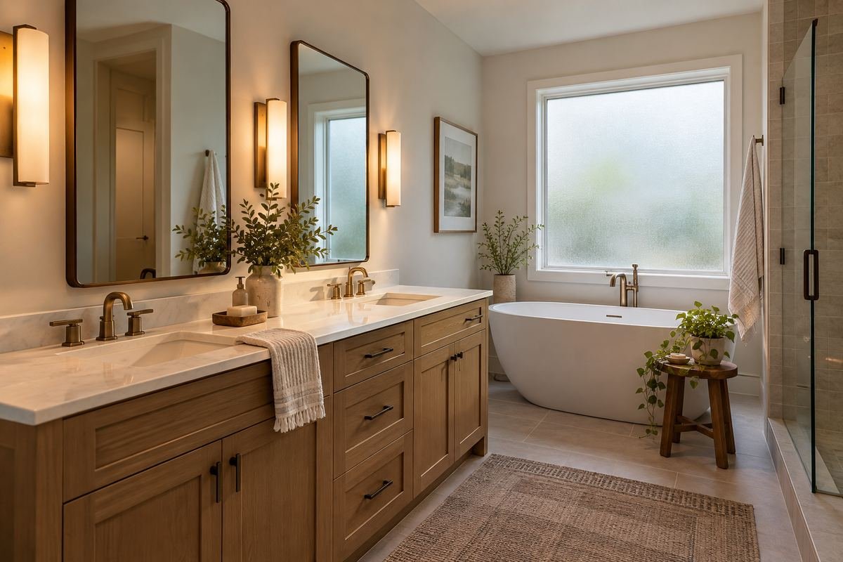 A finished bathroom with a frosted side window, soft daylight and balanced diffused mirror sconces, realistic gentle illumination.