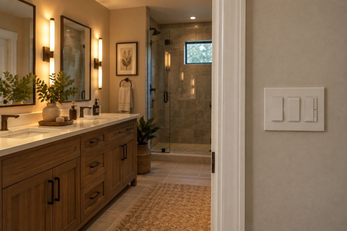 A finished bathroom entrance with a neat accessible-looking ordinary wall control group on the dry wall, softly lit vanity in the background, no readable labels.