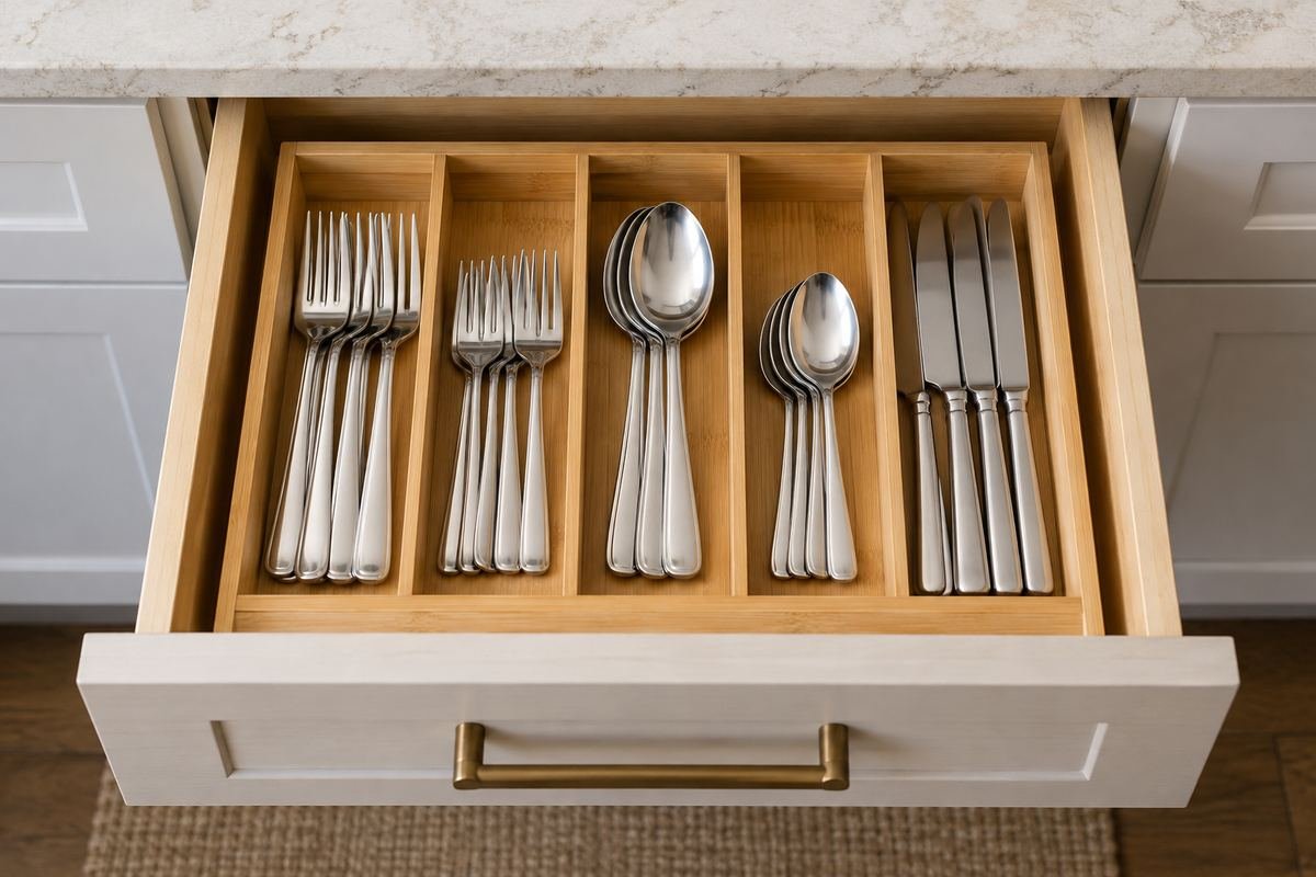 Open kitchen drawer with a fitted bamboo tray separating forks, spoons and table knives.