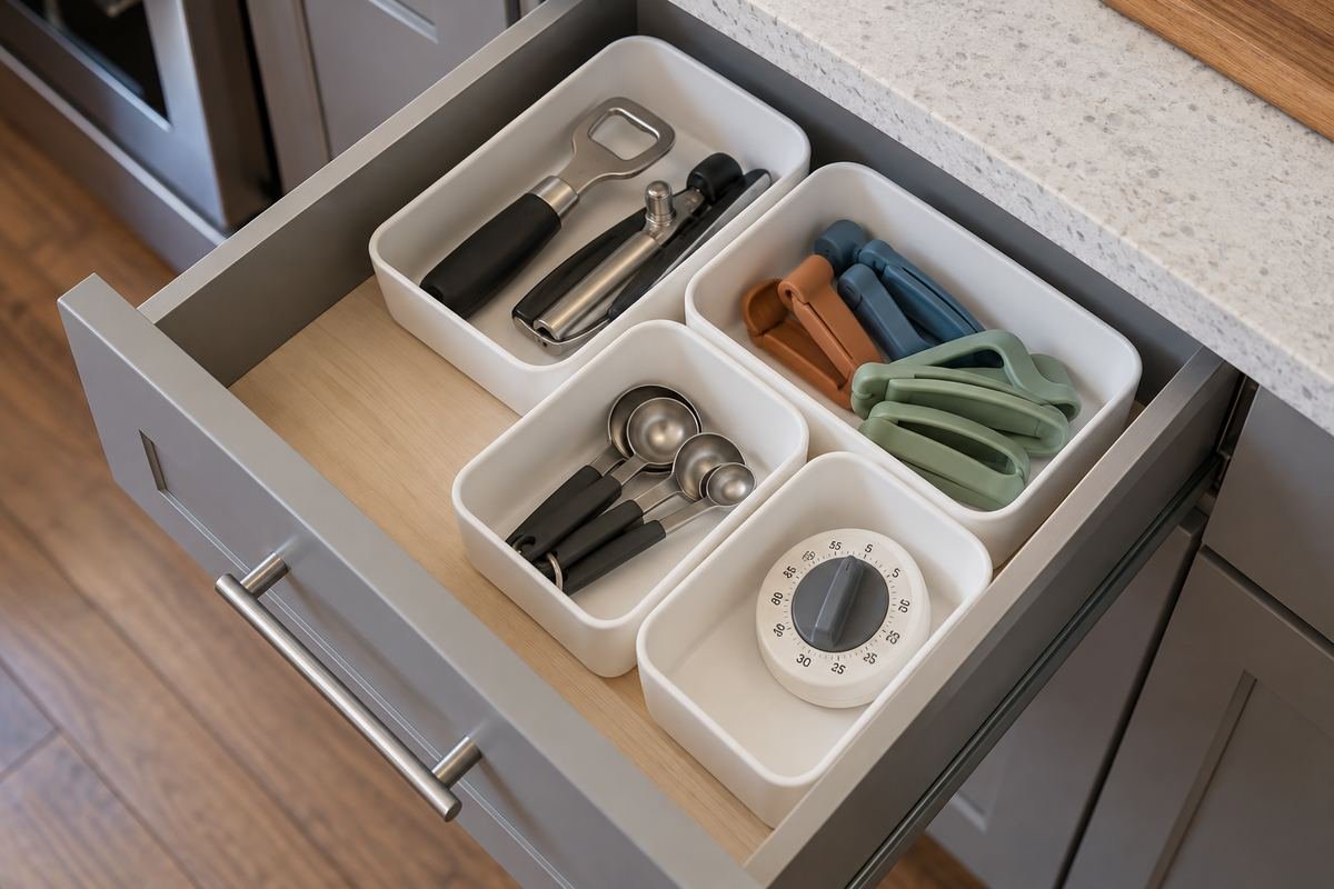 Shallow gray kitchen drawer with four small removable matte white bins containing a bottle opener silicone clips measuring spoons and a small kitchen timer, tidy visible contents.