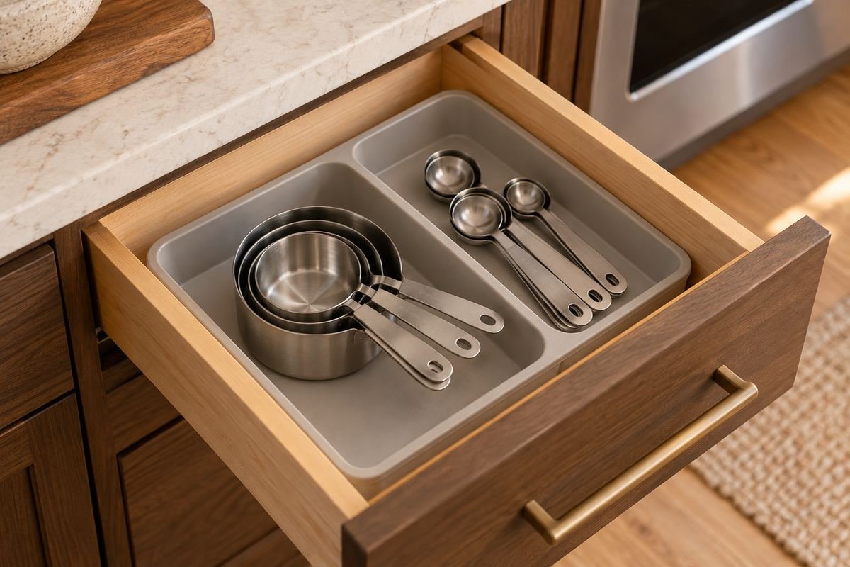 Warm modern kitchen drawer with nested stainless measuring cups and a separate small spoon set in two generous fitted compartments, soft daylight.