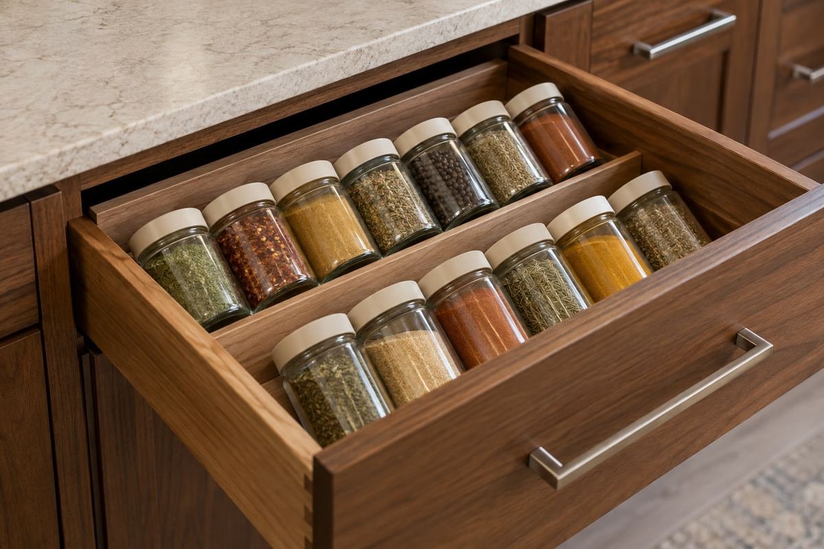 Open walnut kitchen spice drawer with two low angled rows of identical small closed glass spice jars and plain unlettered cream lids, jars fully below the drawer top.