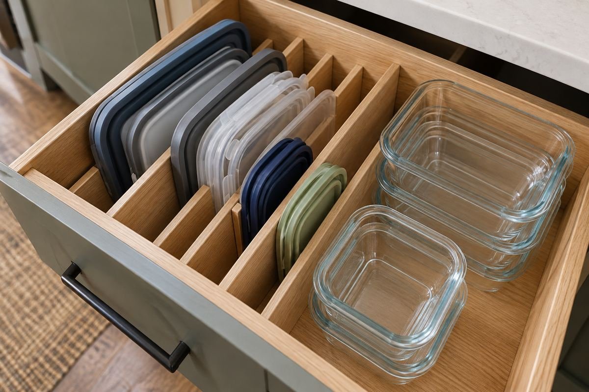 Deep oak drawer with smooth vertical dividers holding a small set of clean reusable food container lids upright, matching empty containers nested in adjacent section.