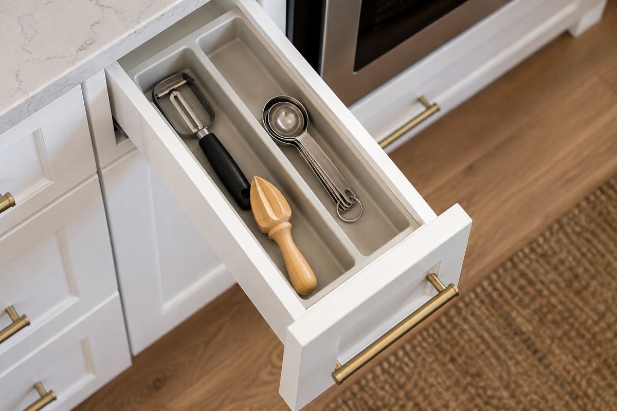 A slim white kitchen drawer with two simple long compartments holding a small peeler citrus reamer and measuring spoon set, uncluttered overhead editorial view.