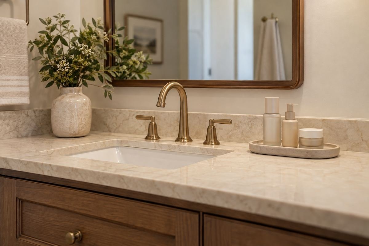 Warm ivory bathroom vanity with a compact three-bottle skincare group on a shallow oval tray, original plain labeled-style packaging without readable text.