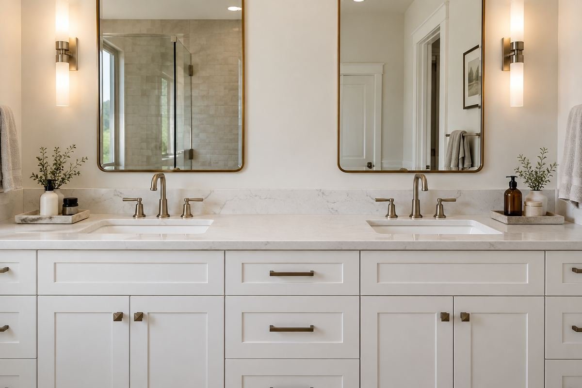 Double sink white bathroom vanity with two small distinct trays beside the outer edges of the basins, each holding a few plain daily bottles, clear center space.