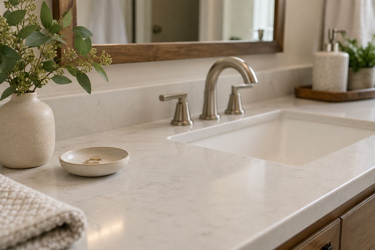 Bathroom dry counter end with a small ceramic ring dish holding one simple ring, shallow depth and ample separation from the white basin.