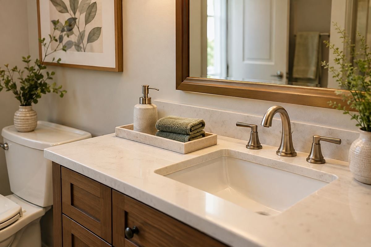 Inviting guest bathroom with a small cream tray holding a soap dispenser and two folded guest hand towels beside a simple white basin.