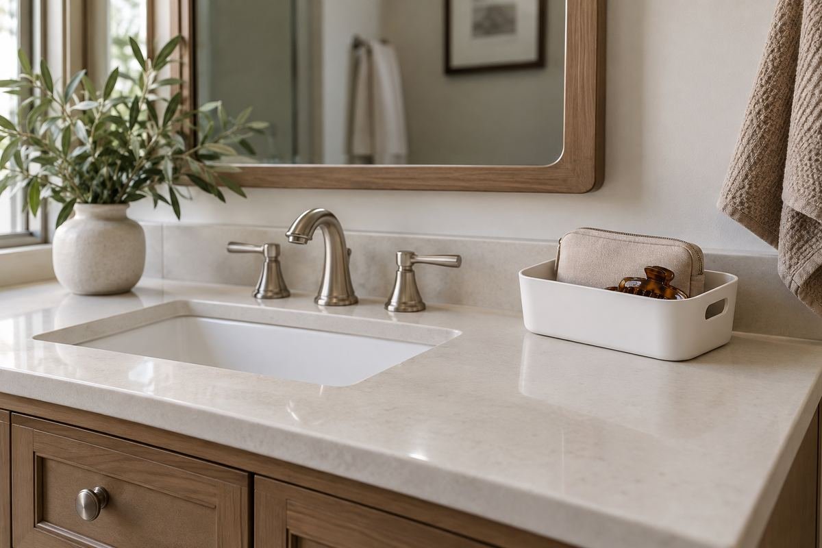 Neat bathroom vanity with a small matte white open return bin containing a hair clip and plain travel pouch on the far dry side, otherwise clear surface.