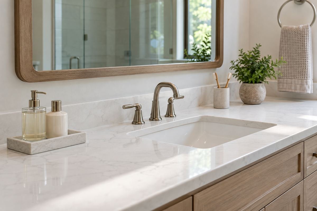 Fresh organized bathroom counter with one small two-bottle tray, an open toothbrush holder and plenty of clean white surface, calm realistic morning light.