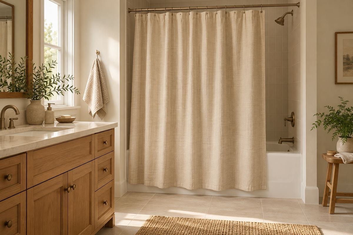A bathroom with a sandy beige shower curtain, warm oak vanity, white alcove tub and a simple pale tile floor.