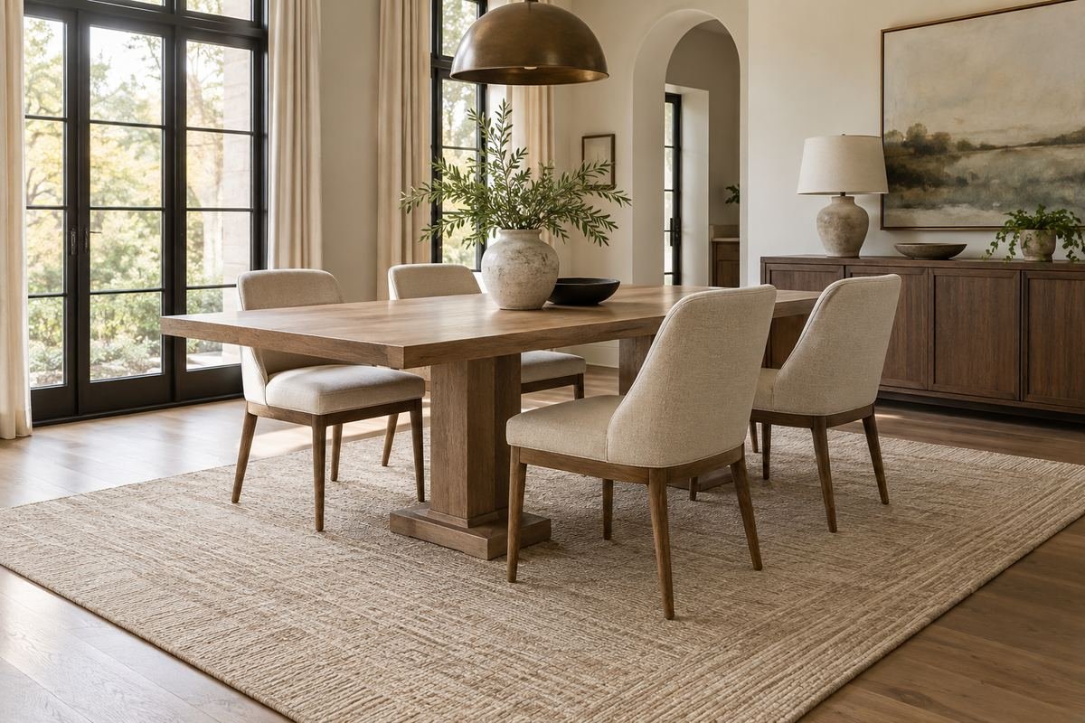 A neutral dining room with distinctive simple chairs and a generous subtly textured beige rug beneath the table.