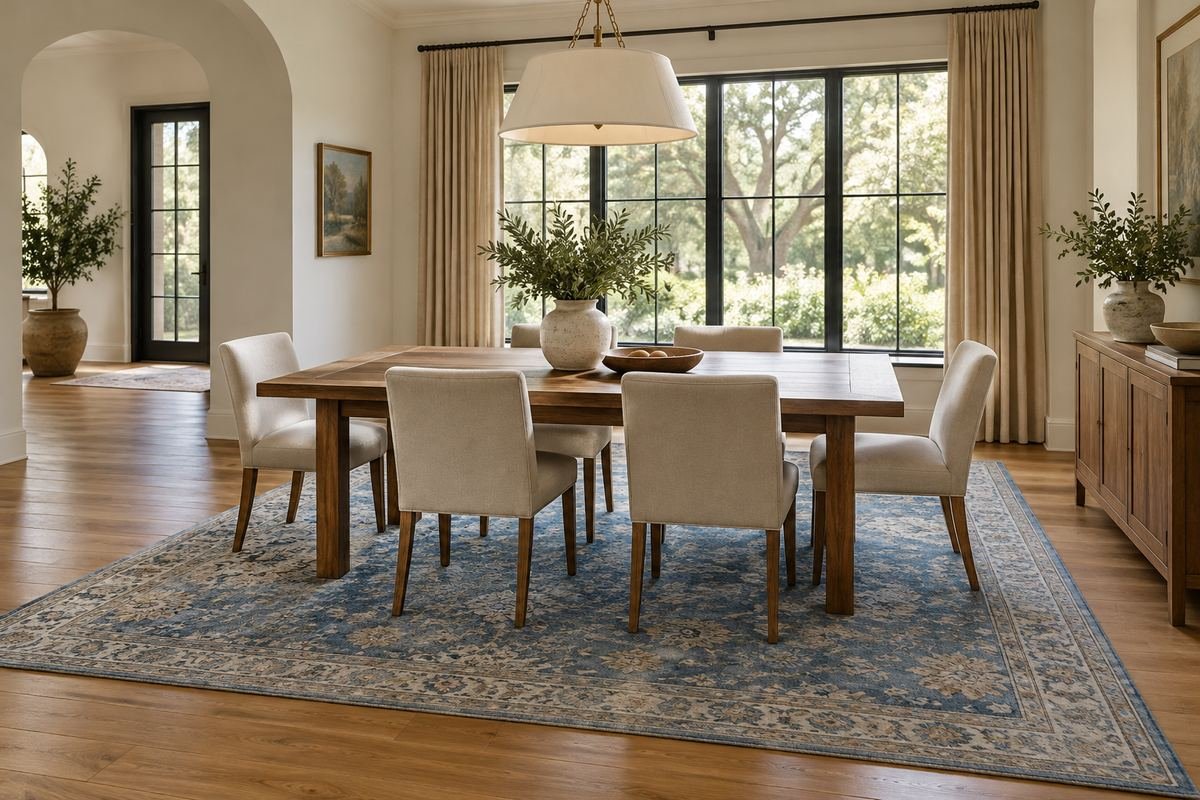 A warm wood dining table with simple neutral chairs and a generous muted-blue rug over golden wood flooring.
