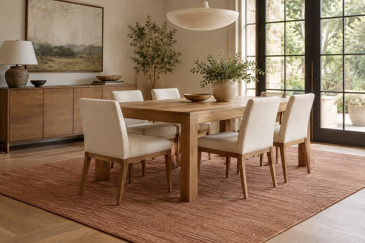 A dining room with a muted clay-colored rug, plain pale chairs, a simple wood table and restrained neutral walls.