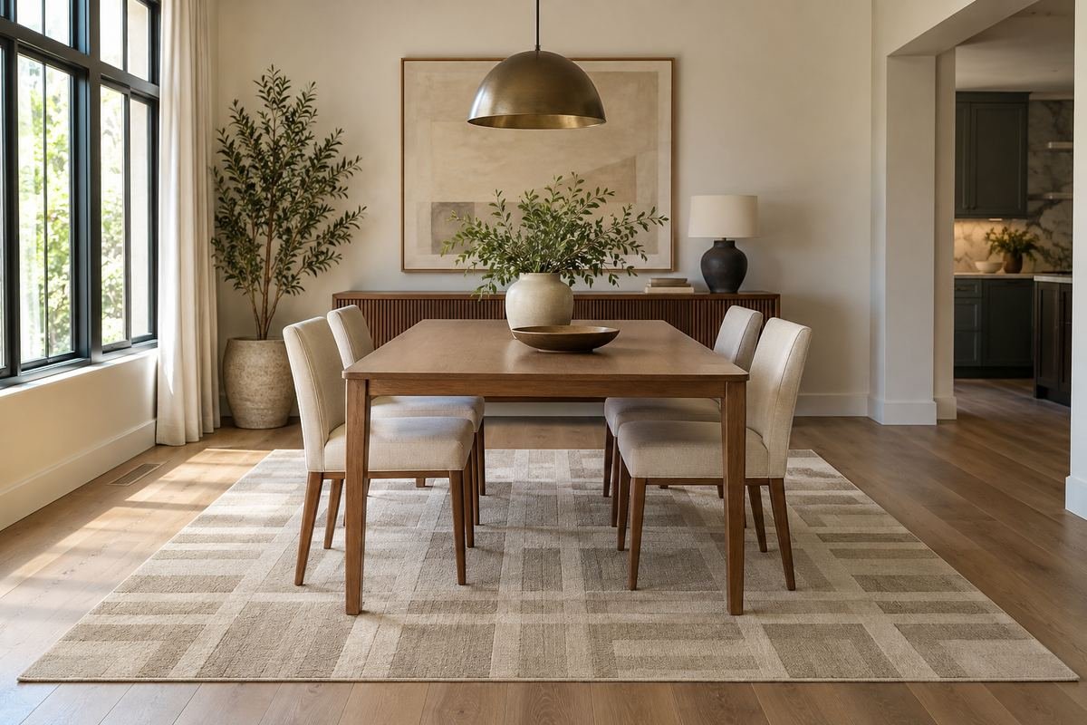 A contemporary dining area with a subtle tonal geometric rug, a simple rectangular table and plain chairs.