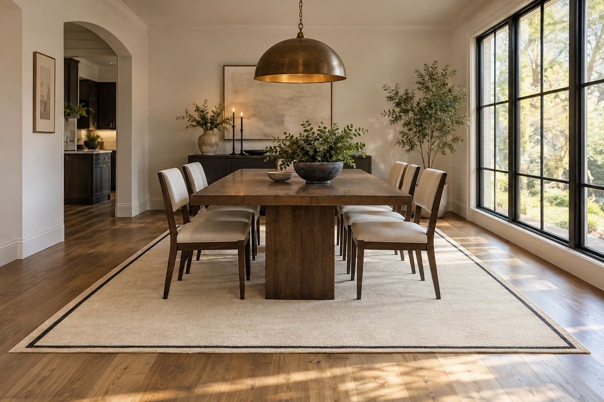 A dining table and simple chairs on a generous cream rug with a restrained dark border and clear surrounding floor.