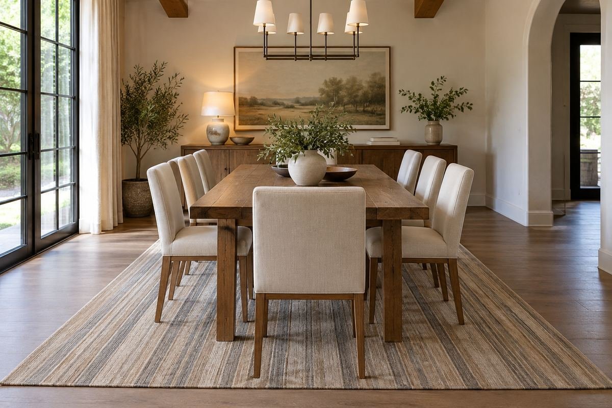 A rectangular dining table on a generous muted lengthwise-striped rug, plain chairs and a quiet surrounding room.