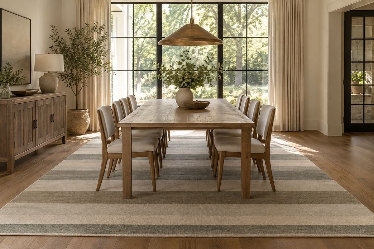 A long simple dining table with plain chairs on a generous broad crosswise-striped rug in muted natural colors.