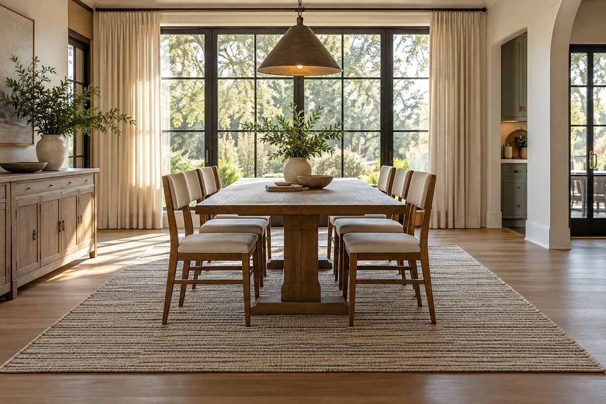 A practical dining area with a generous flat-looking woven rug, simple chairs and a clear table arrangement.