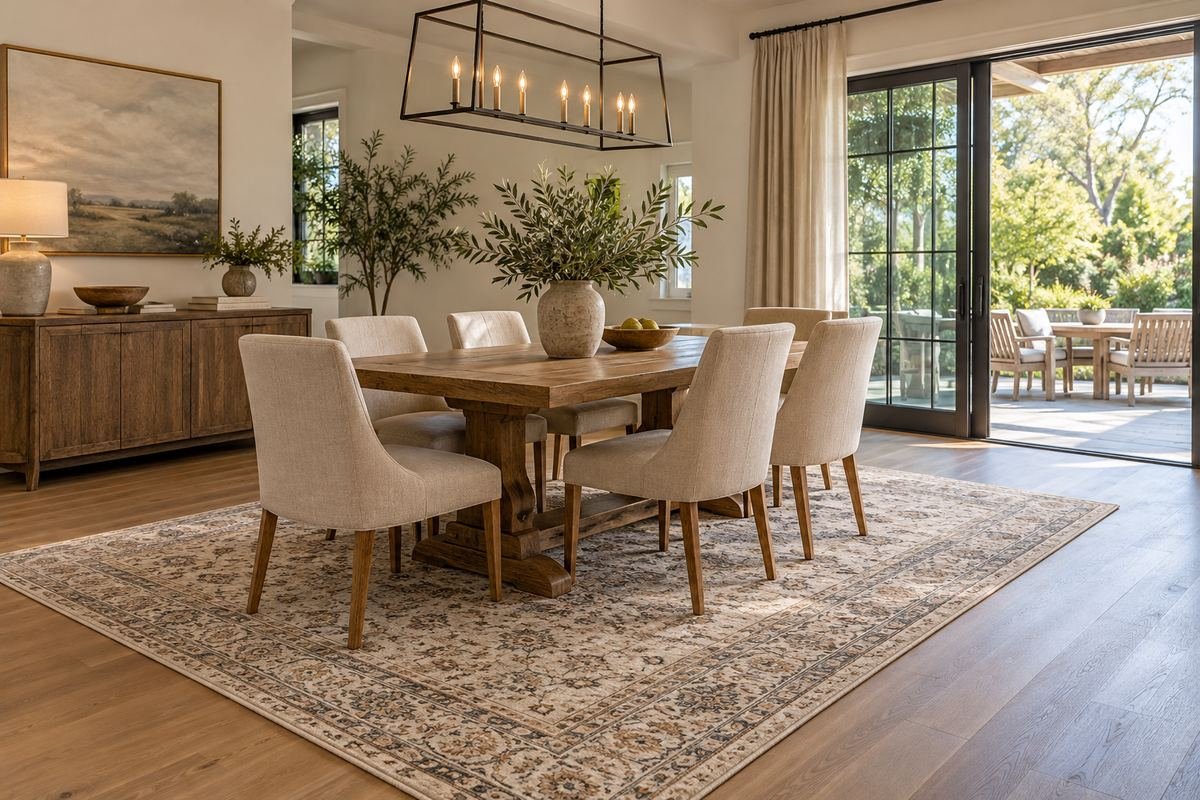 A dining room near a patio door with a generous restrained rug, useful chair space and a clear unobstructed route outside.