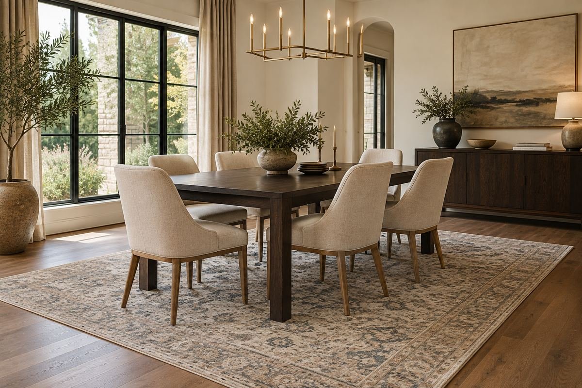 A coherent dining room with a generous muted multitone rug connecting a warm wood floor, pale chairs and a dark simple table.
