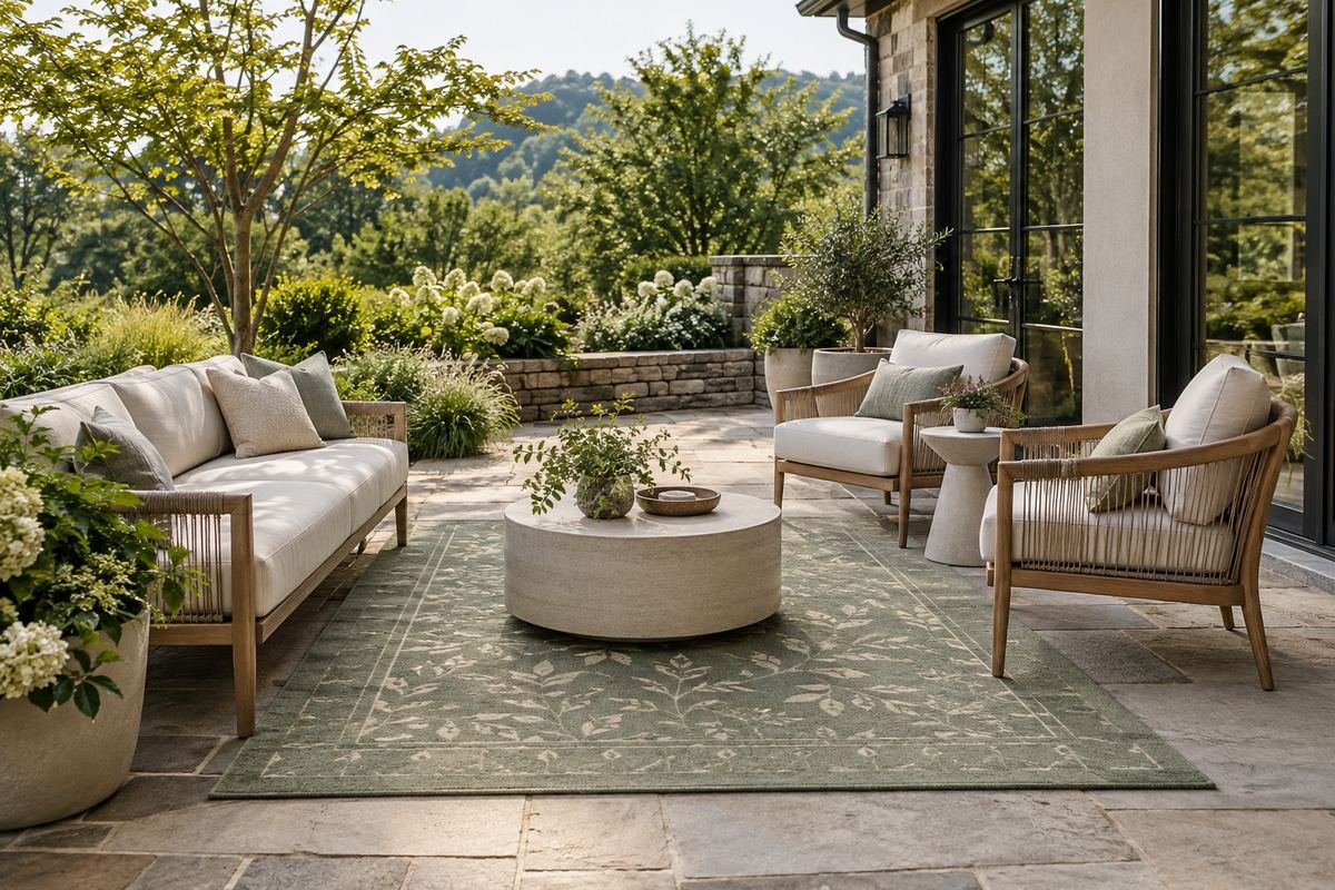 An attainable garden patio with a muted sage-green rug, simple neutral outdoor furniture and restrained planting.