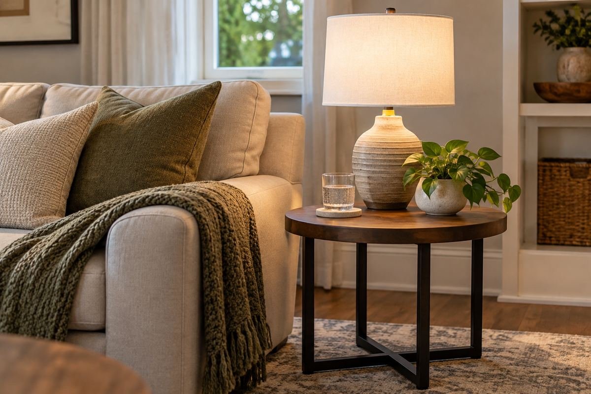 A round end table with one compact lamp and a small clear protected drink spot, a calm sofa and coherent proportions.