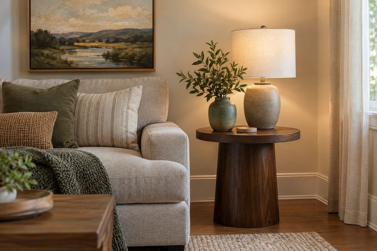 A simple end table with one muted ceramic related to an original wall artwork, a quiet lamp and useful clear space beside a sofa.