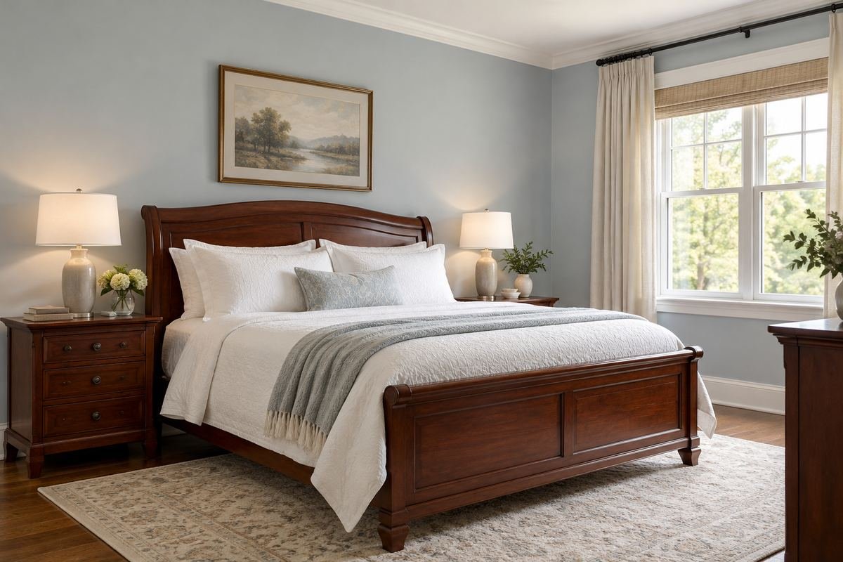 A traditional bedroom with pale blue-gray painted walls, a cherry-wood bed, white cotton bedding and a small cream rug.