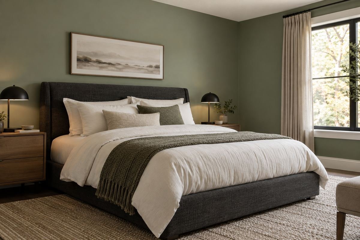 A modern bedroom with muted sage painted walls, a charcoal upholstered bed, pale ivory bedding and simple black bedside lights.