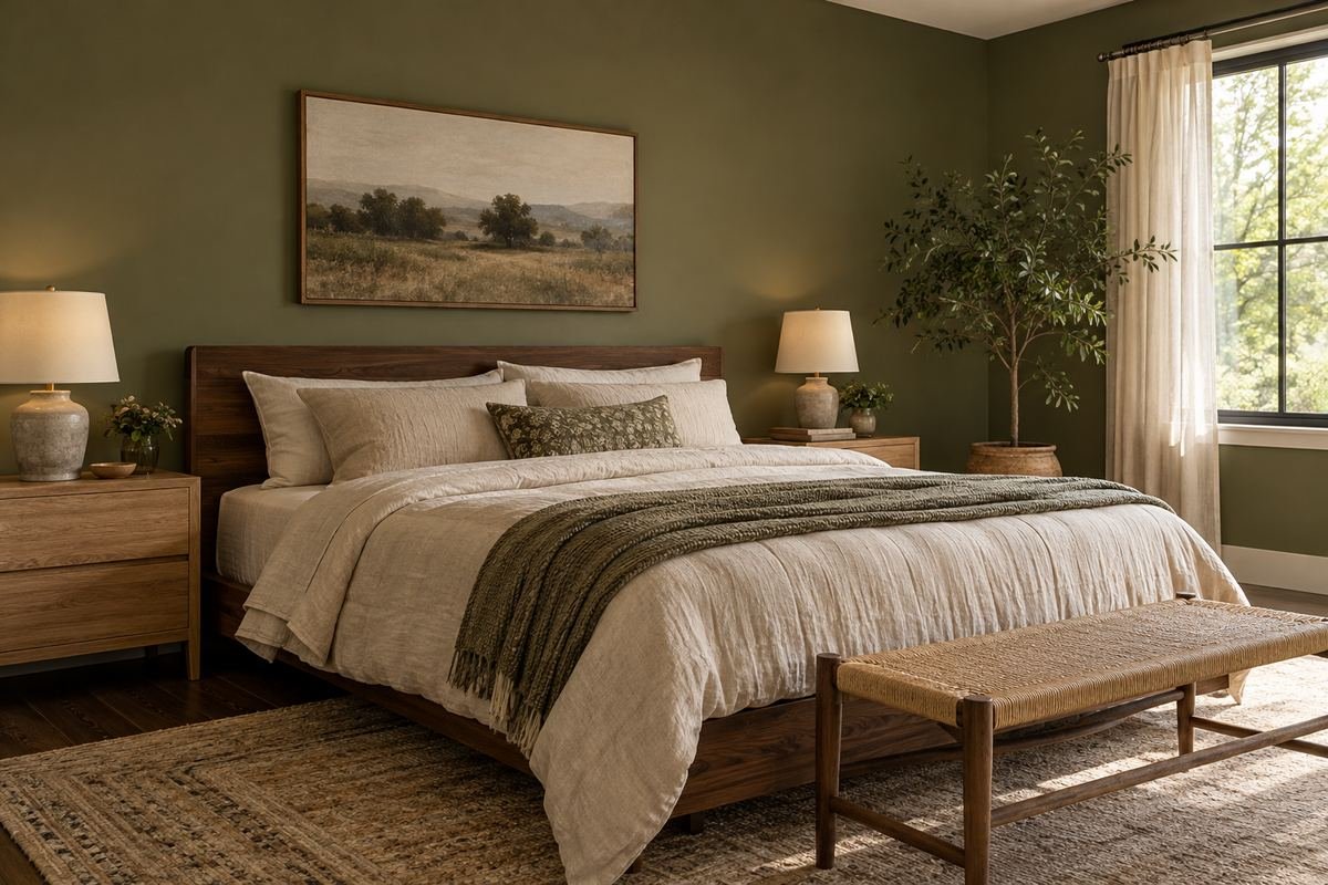 A layered bedroom with muted olive painted walls, warm linen bedding, a low walnut bed and simple oak nightstands.