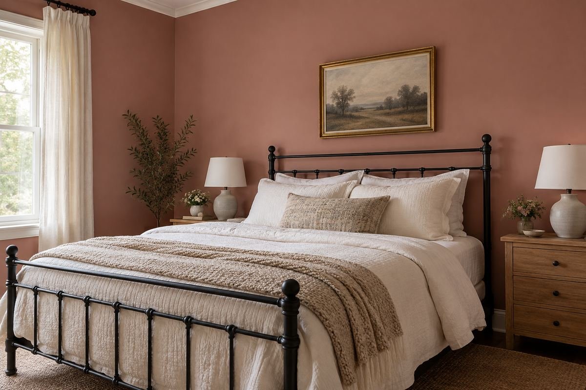 A modest bedroom with dusty-rose painted walls, a black metal bed frame, ivory bedding and a small natural wood bedside chest.