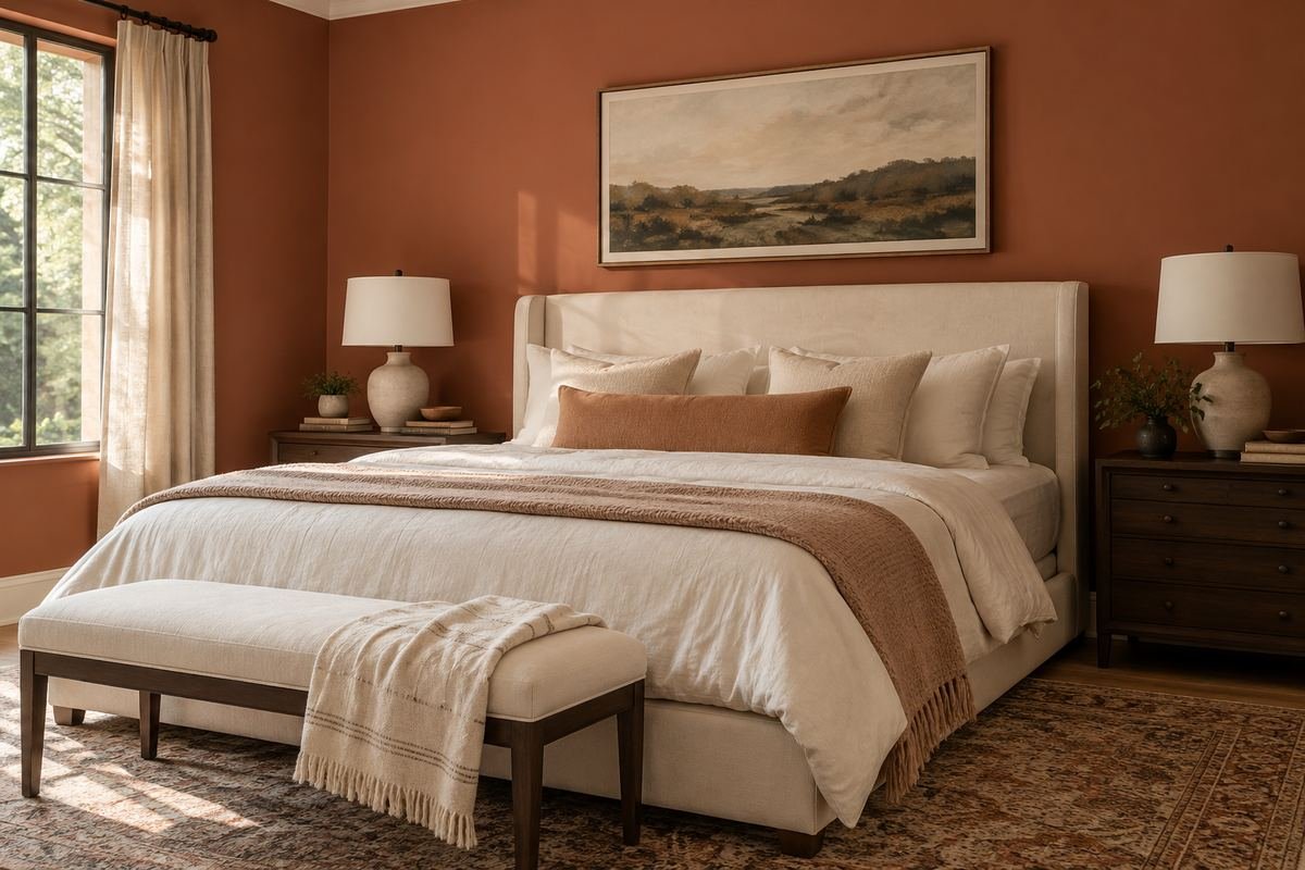 A bedroom with muted terracotta painted walls, an ivory upholstered headboard, pale bedding and dark-stained wood nightstands.