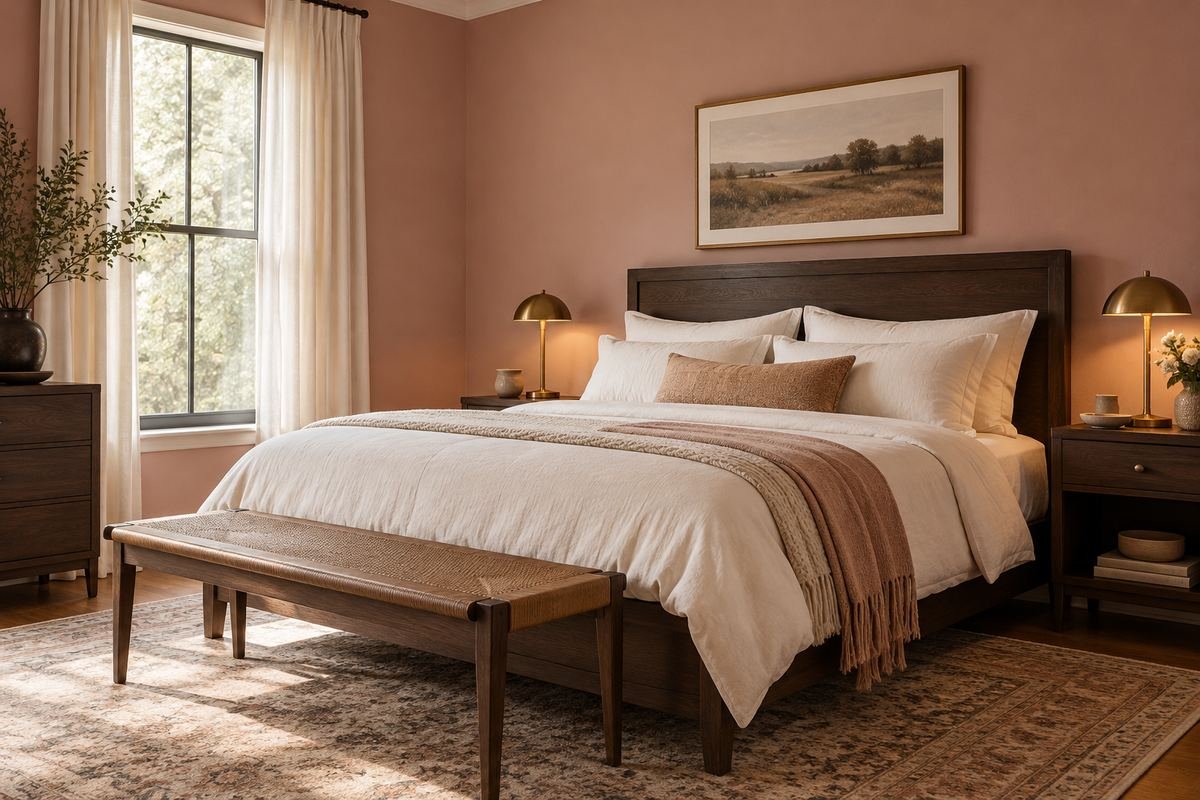 A bedroom with clay-pink painted walls, dark walnut furniture, cream cotton bedding and simple warm-metal lamps.