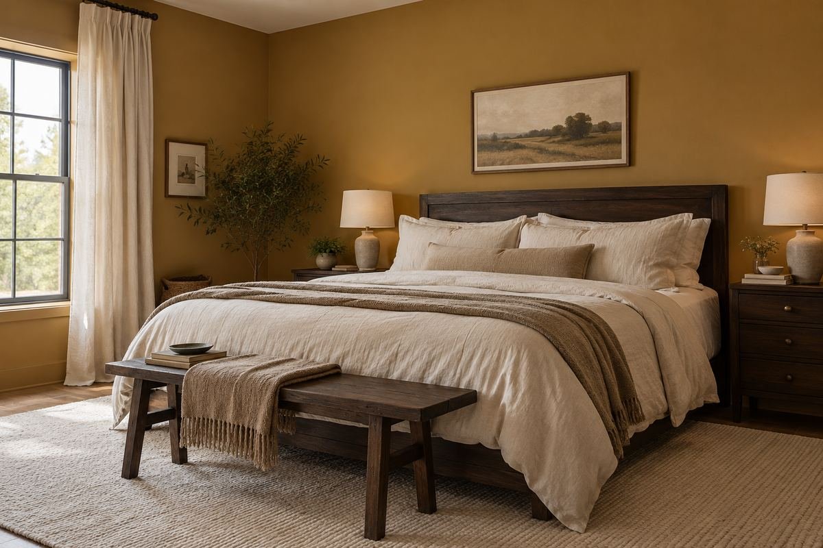 A bedroom with muted ochre painted walls, plain natural linen bedding, dark wood furniture and a pale wool rug.