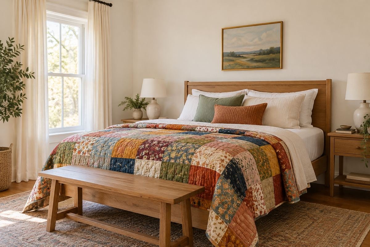 A personal bedroom with warm-white painted walls, a colorful patchwork quilt, a simple oak bed and plain cream curtains.