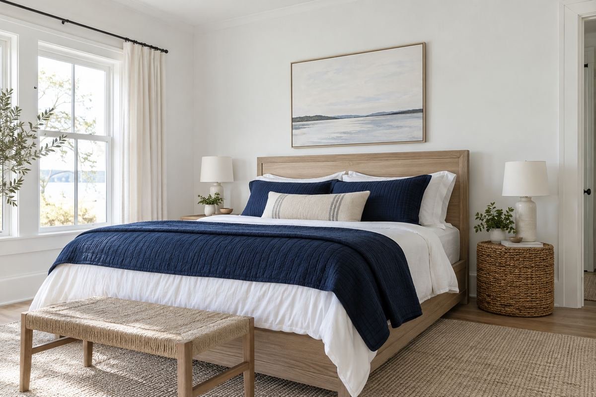 A clean-lined bedroom with cooler-white painted walls, navy and white bedding, a pale wood bed and a woven bedside basket.