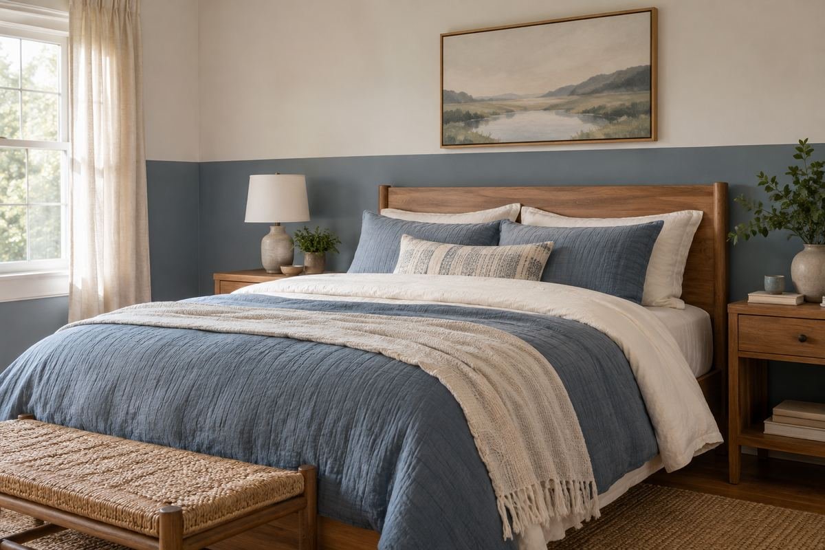 A bedroom with a low muted blue painted wall band, warm-white upper walls, blue-and-cream bedding and a simple wood headboard.
