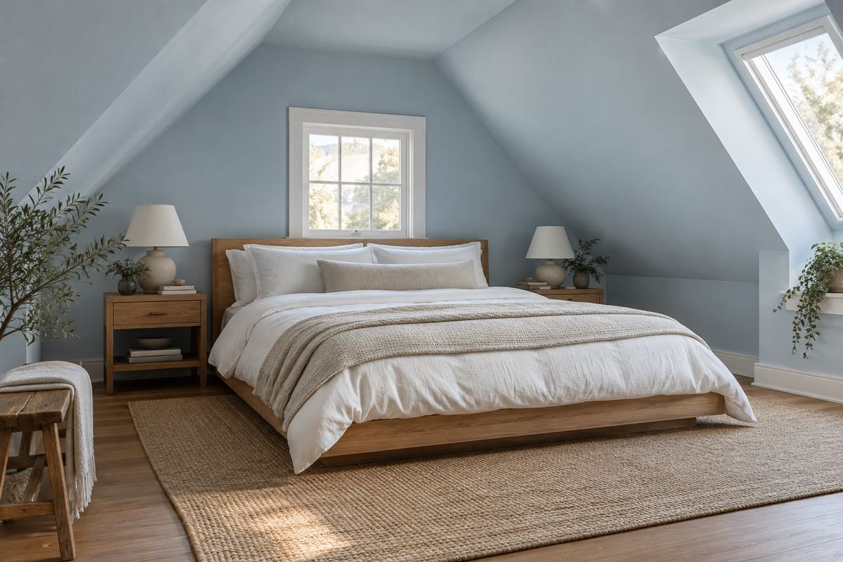 An attic bedroom with a pale dusty-blue color carried across painted walls and a sloped ceiling, white bedding and a low natural wood bed.