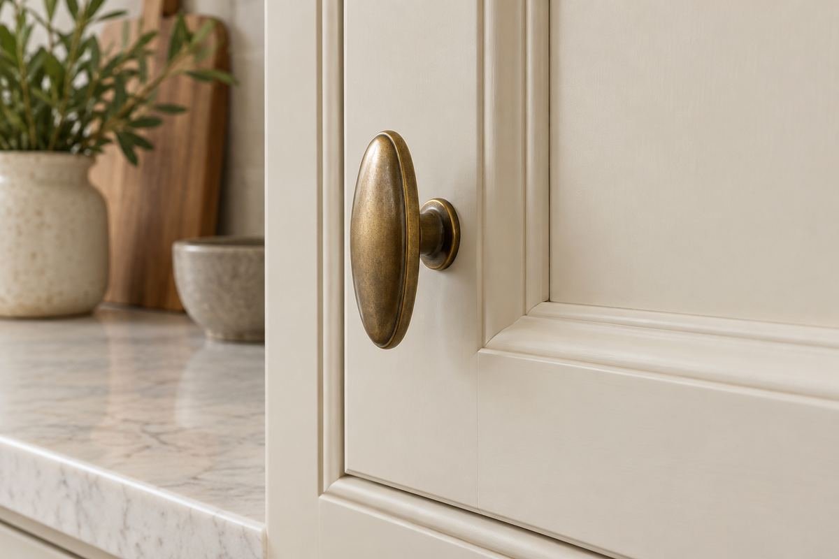 A traditional cream kitchen cabinet with detailed frame molding and understated oval aged-brass knobs.